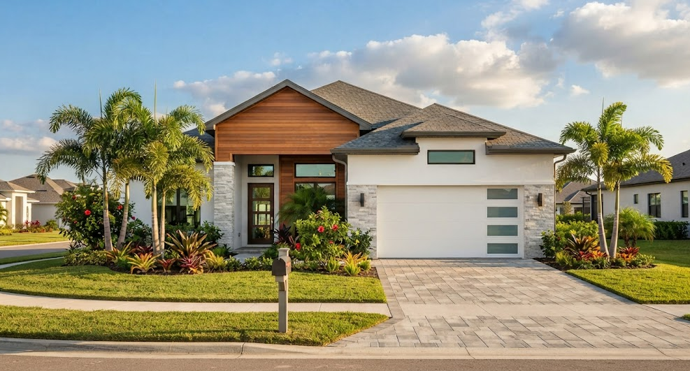 Modern coastal residential garage door installation in Bradenton FL neighborhood